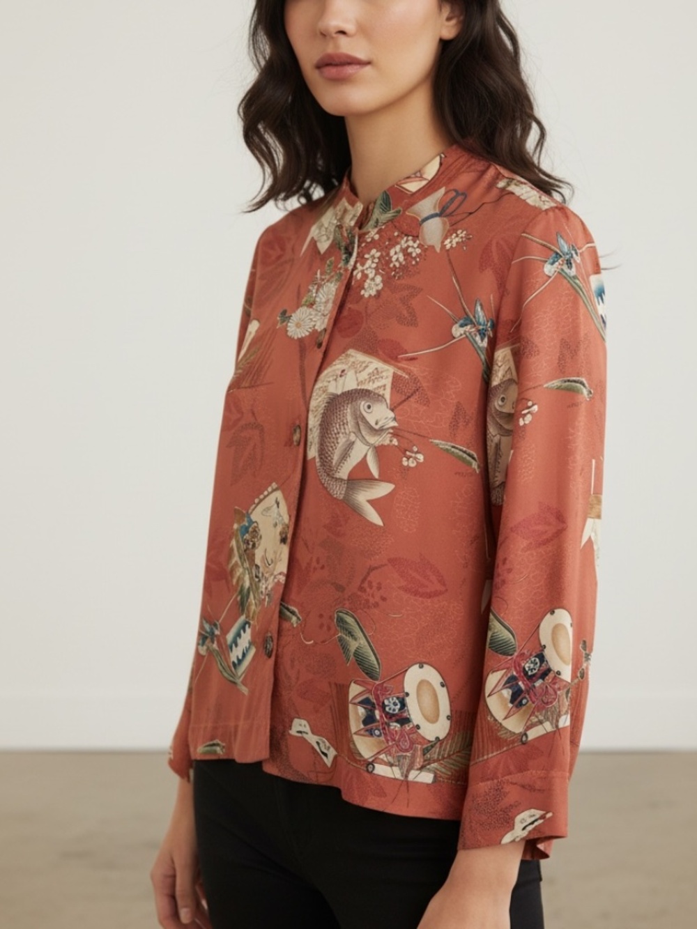 Citron - Vintage Japanese Inspired Motif Silk Button Front Blouse Jacket Medium